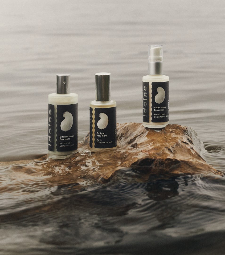 Idoine organic skincare trio for combination skin, including facial scrub, tonic, and facial cream, displayed on a rock in water for a natural eco-friendly setting