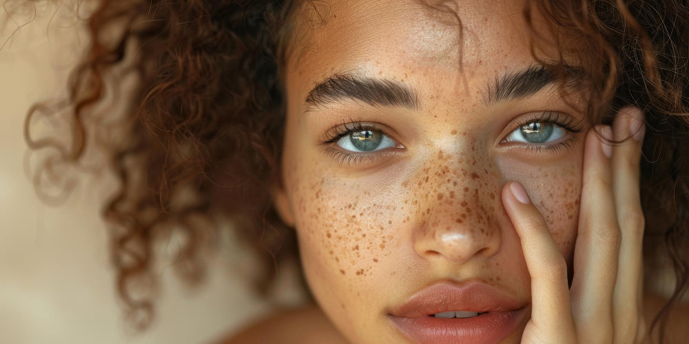 Jeune femme rousse aux yeux verts présentant des taches brunes et des taches de rousseur sur le visage, gros plan naturel.